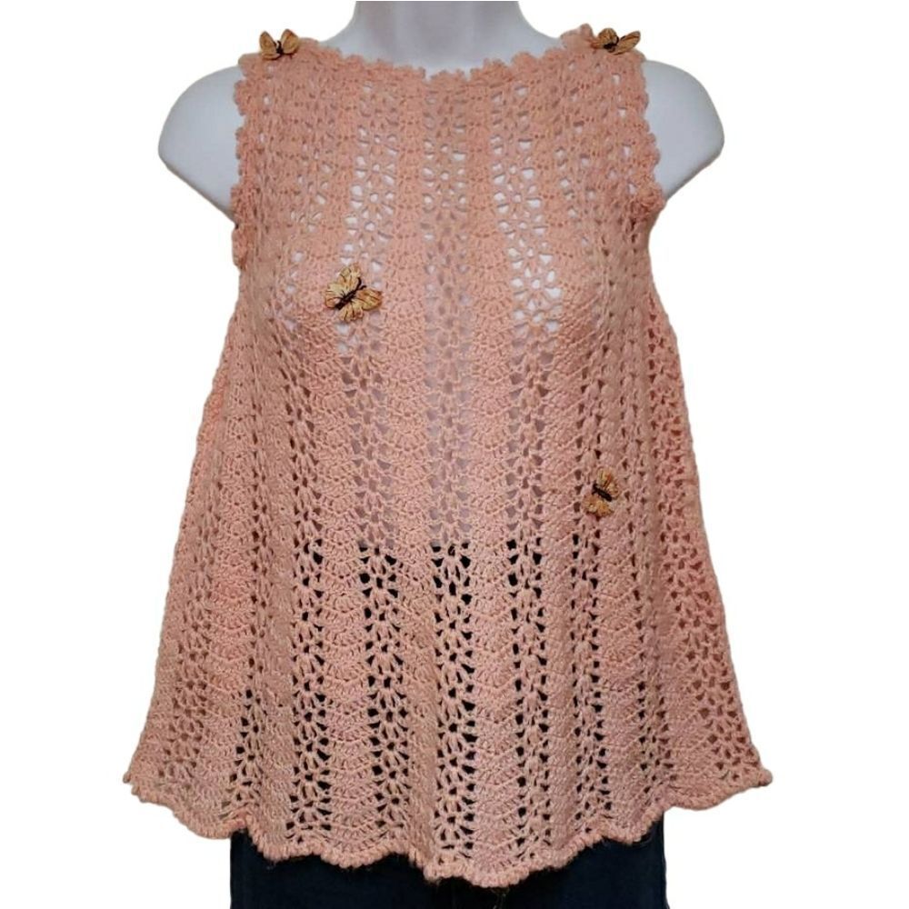 VINTAGE Peach Color Crocheted Butterfly Embellished Top 